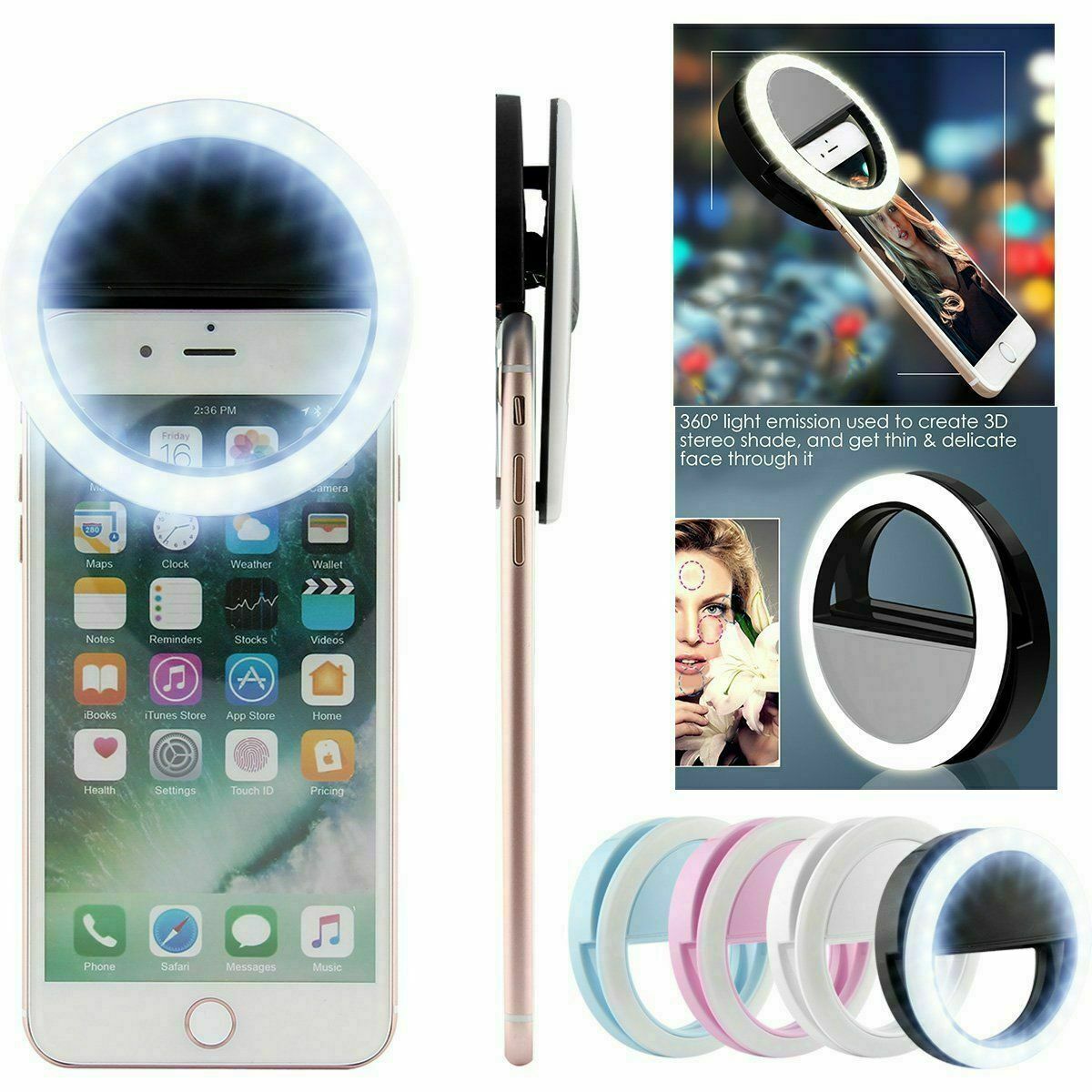 AUTOPkio Selfie Ring Light, 36 LED Light Ring USB Ricaricabile Regolabile 3 Livelli Luminosità con Clip per Smartphone Webcast Youtube Tiktok (rosa)